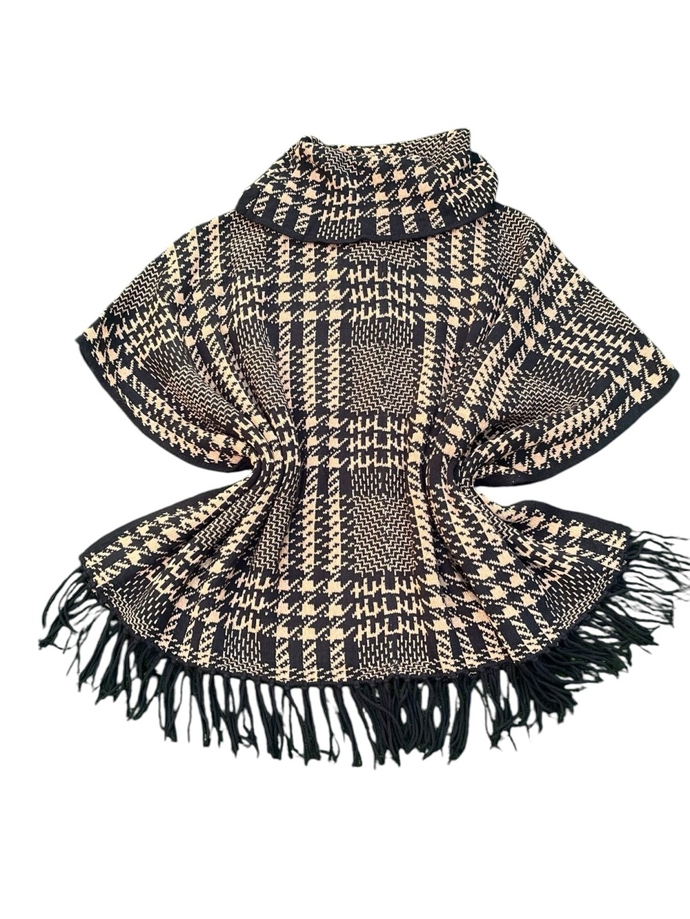 Chico's Black and Tan Houndstooth Fringe Poncho Soze XL NWT
